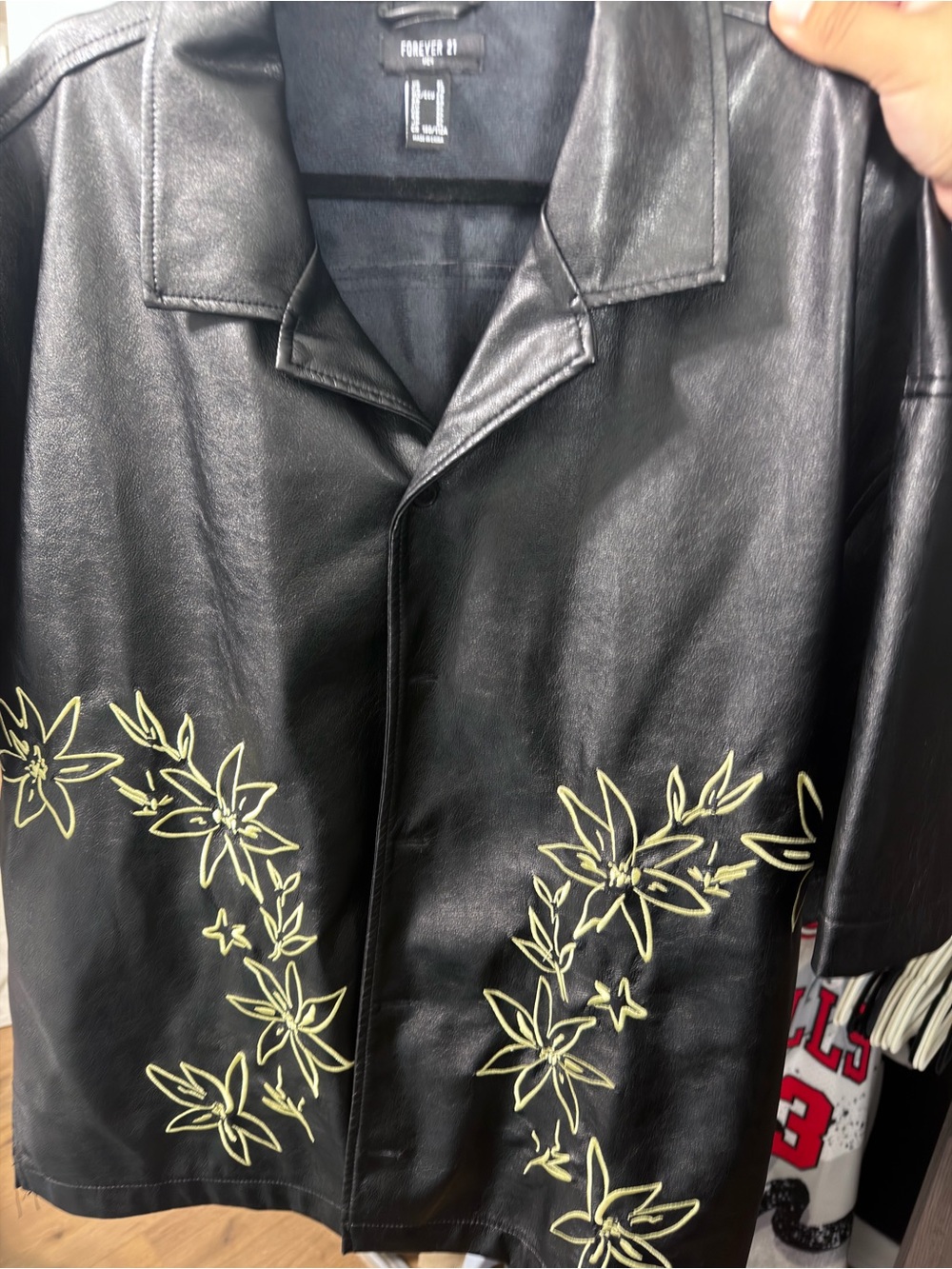 Forever 21 Black Faux-Leather Button-Down Shirt with Yellow Floral Embroidery